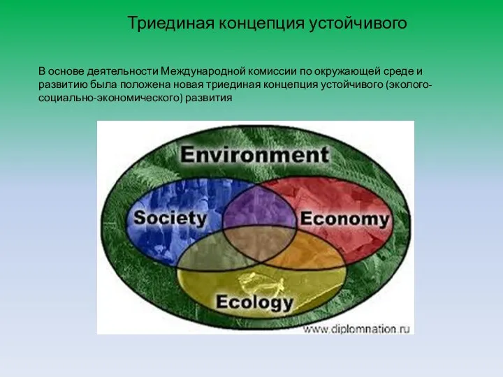Триединая концепция устойчивого В основе деятельности Международной комиссии по окружающей