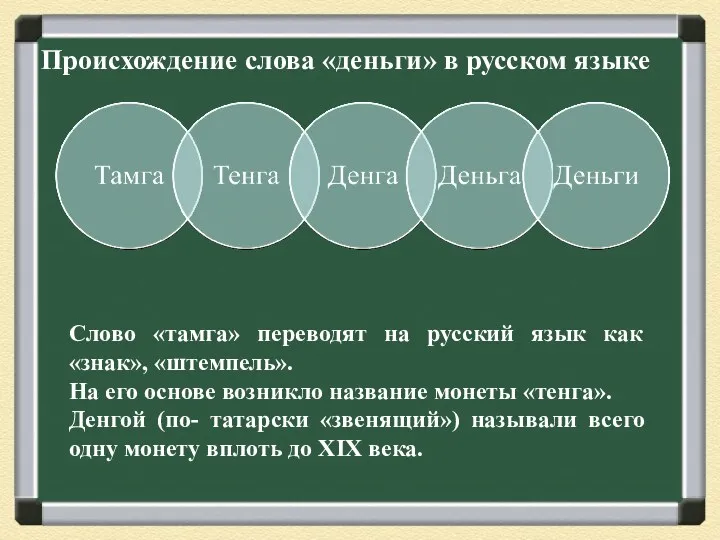 Происхождение слова «деньги» в русском языке Слово «тамга» переводят на русский язык как