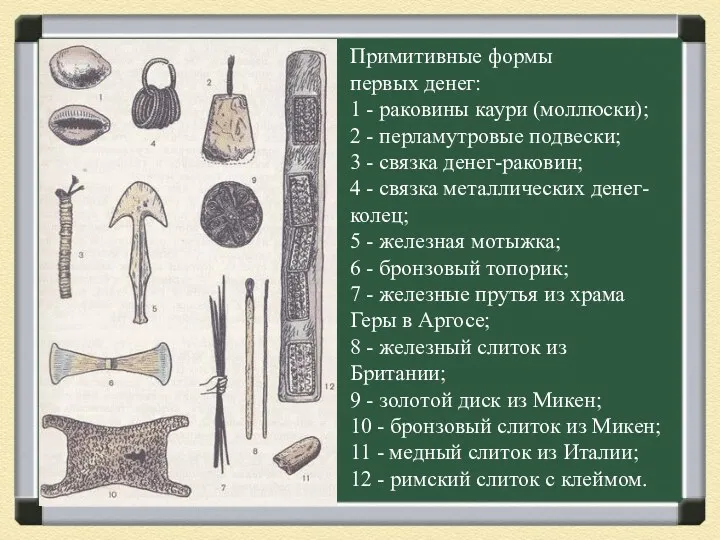 Примитивные формы первых денег: 1 - раковины каури (моллюски); 2 - перламутровые подвески;