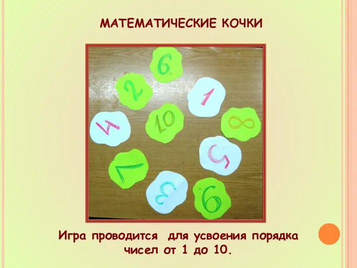МАТЕМАТИЧЕСКИЕ КОЧКИ Игра проводится для усвоения порядка чисел от 1 до 10.