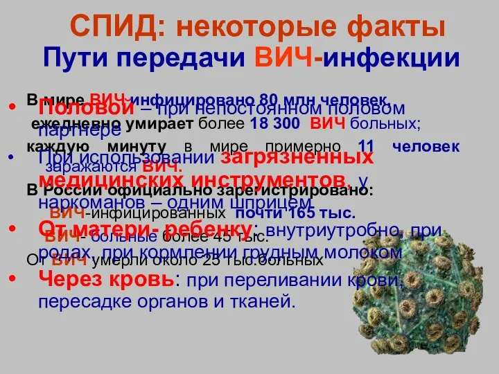 СПИД: некоторые факты В мире ВИЧ инфицировано 80 млн человек, ежедневно умирает более