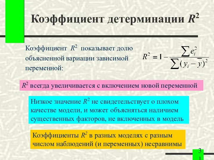 Коэффициент детерминации R2 Коэффициент R2 показывает долю объясненной вариации зависимой