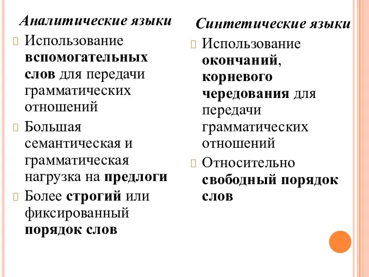 Аналитические языки Использование вспомогательных слов для передачи грамматических отношений Большая