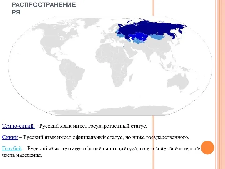 РАСПРОСТРАНЕНИЕ РЯ Темно-синий – Русский язык имеет государственный статус. Синий