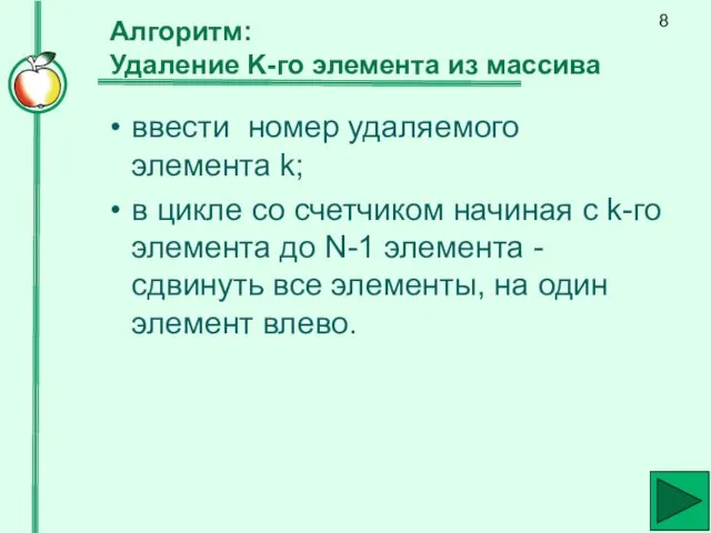 Алгоритм: Удаление K-го элемента из массива ввести номер удаляемого элемента