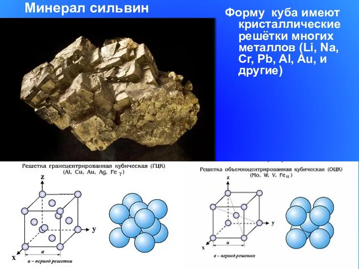 Форму куба имеют кристаллические решётки многих металлов (Li, Na, Cr,