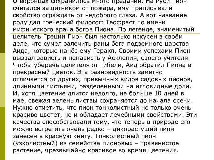 О воронцах сохранилось много преданий. На Руси пион считался защитником