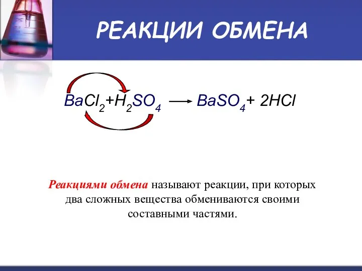 РЕАКЦИИ ОБМЕНА BaCl2+H2SO4 BaSO4+ 2HCl Реакциями обмена называют реакции, при