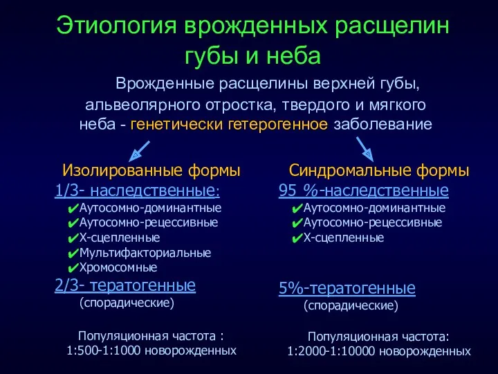 Этиология врожденных расщелин губы и неба Врожденные расщелины верхней губы,