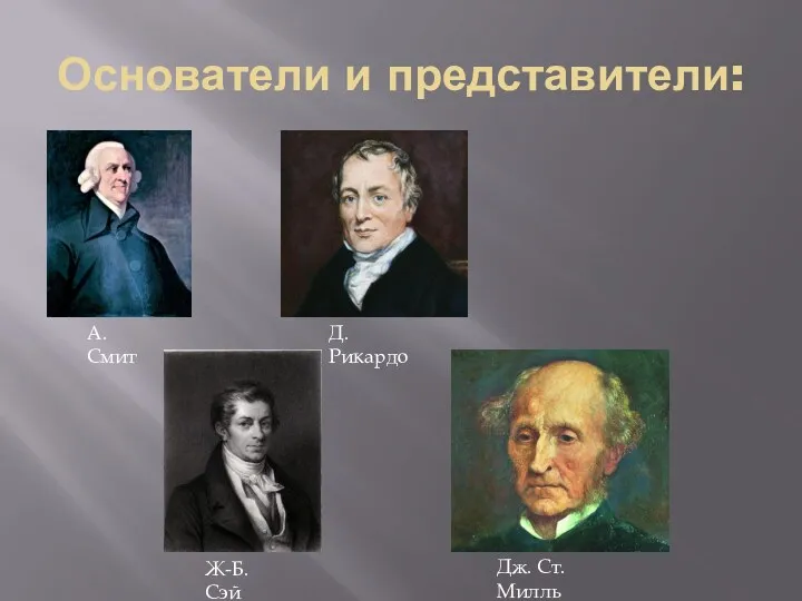 Основатели и представители: А.Смит Д.Рикардо Ж-Б.Сэй Дж. Ст. Милль