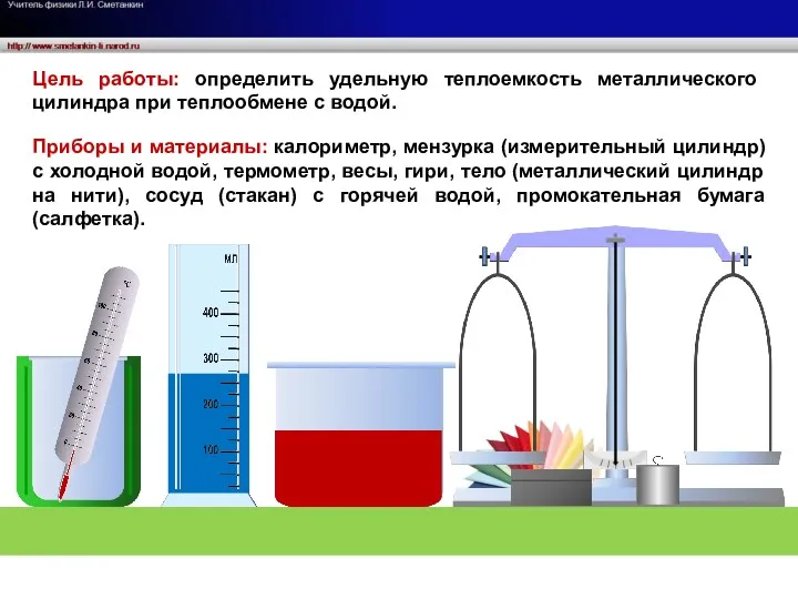 Цель работы: определить удельную теплоемкость металлического цилиндра при теплообмене с