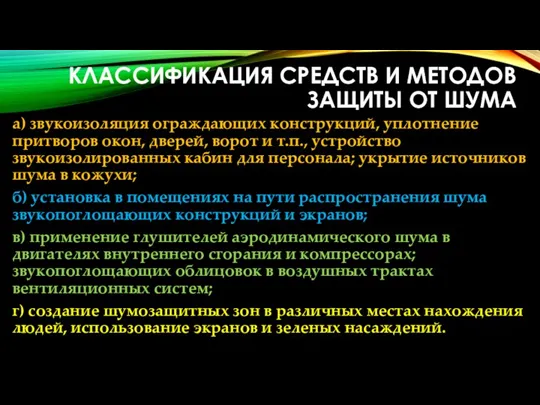 КЛАССИФИКАЦИЯ СРЕДСТВ И МЕТОДОВ ЗАЩИТЫ ОТ ШУМА а) звукоизоляция ограждающих