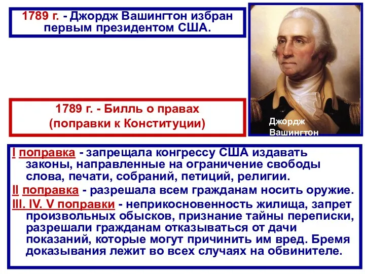 Джордж Вашингтон 1789 г. - Билль о правах (поправки к