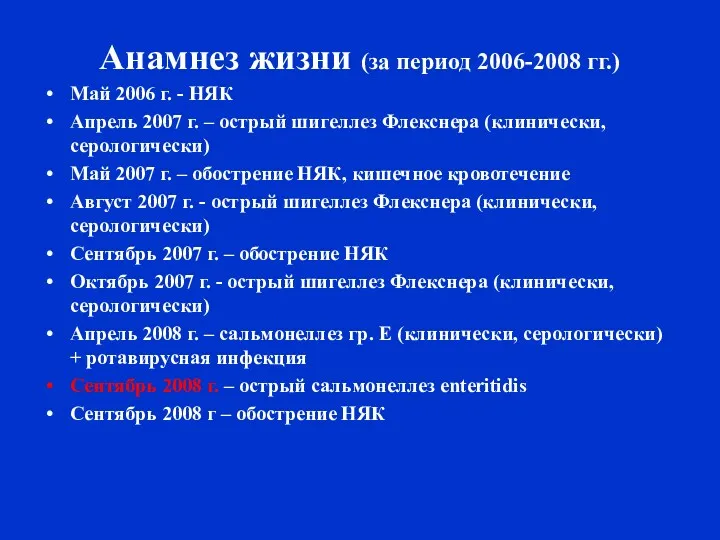 Анамнез жизни (за период 2006-2008 гг.) Май 2006 г. - НЯК Апрель 2007
