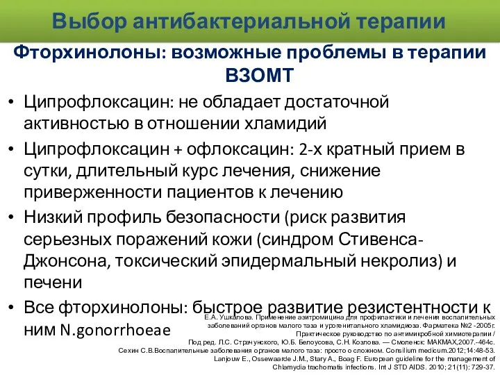 Выбор антибактериальной терапии Фторхинолоны: возможные проблемы в терапии ВЗОМТ Ципрофлоксацин: