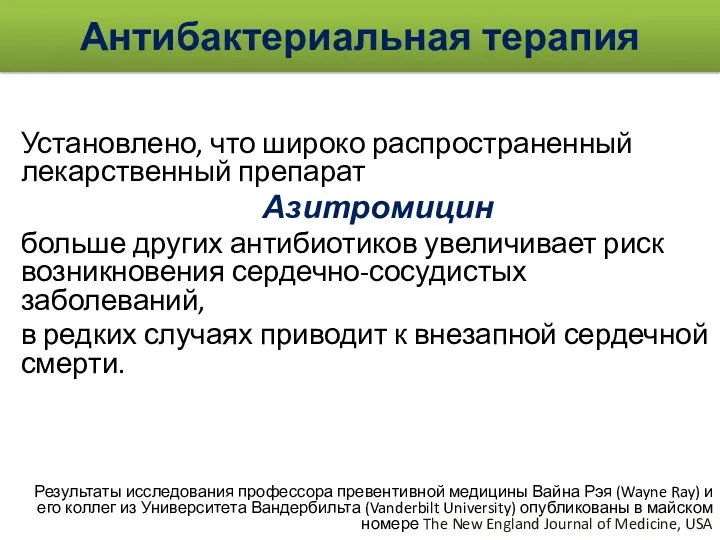 Антибактериальная терапия Установлено, что широко распространенный лекарственный препарат Азитромицин больше