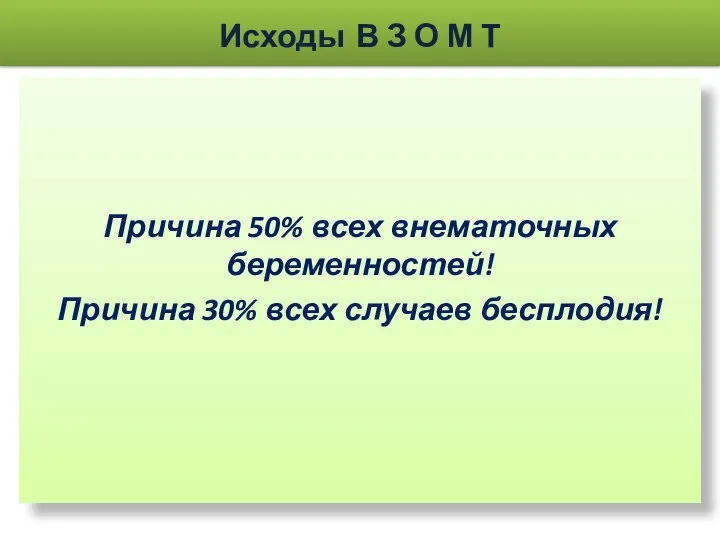 Исходы В З О М Т Причина 50% всех внематочных беременностей! Причина 30% всех случаев бесплодия!