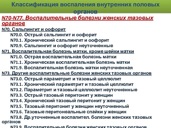 МКБ-10 Классификация воспаления внутренних половых органов N70-N77. Воспалительные болезни женских