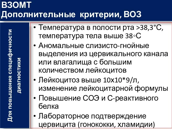 ВЗОМТ Дополнительные критерии, ВОЗ Температура в полости рта >38,3°С, температура