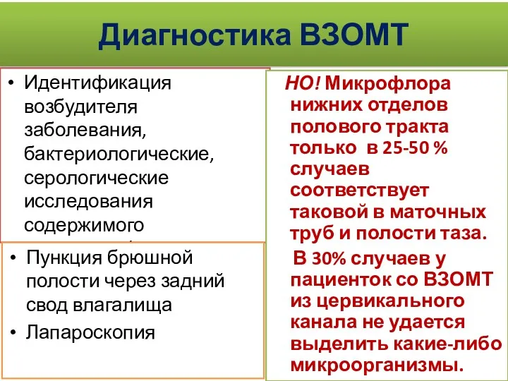 Диагностика ВЗОМТ Идентификация возбудителя заболевания, бактериологические, серологические исследования содержимого влагалища/цервикального