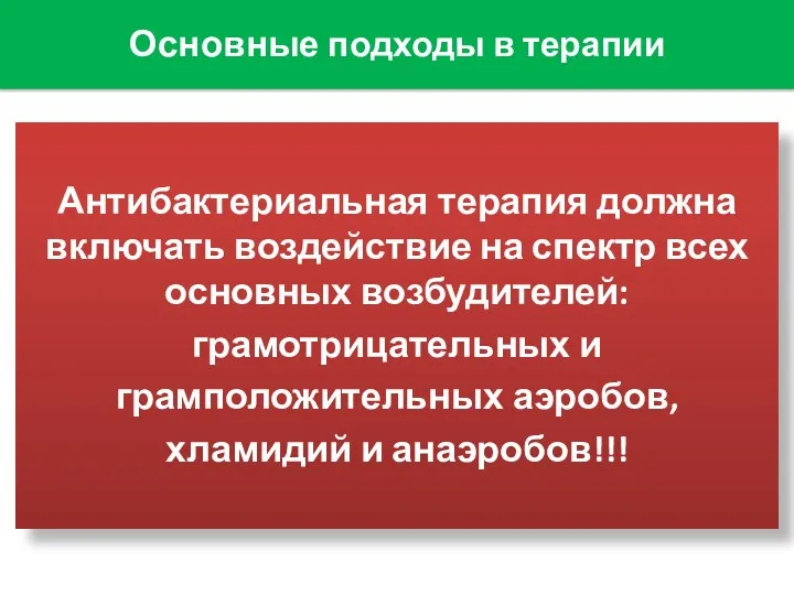 Основные подходы в терапии Антибактериальная терапия должна включать воздействие на