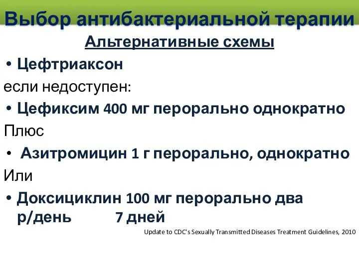 Выбор антибактериальной терапии Альтернативные схемы Цефтриаксон если недоступен: Цефиксим 400