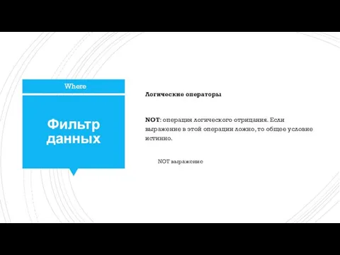 Фильтр данных Логические операторы NOT: операция логического отрицания. Если выражение