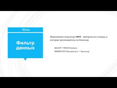 Фильтр данных Применение оператора NOT - выберем все товары, у