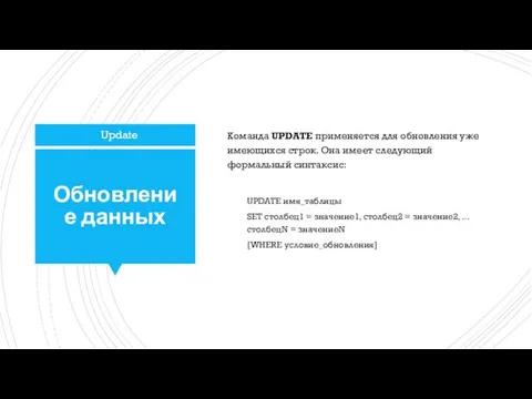 Обновление данных Команда UPDATE применяется для обновления уже имеющихся строк.