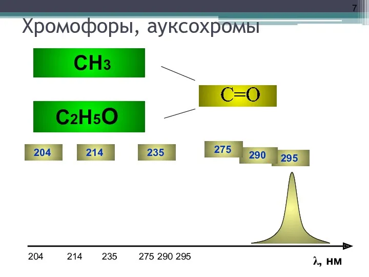 Хромофоры, ауксохромы H H λ, нм 204 214 235 275