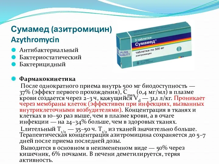 Сумамед (азитромицин) Azythromycin Антибактериальный Бактериостатический Бактерицидный Фармакокинетика После однократного приема