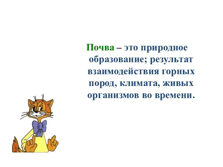 Почва – это природное образование; результат взаимодействия горных пород, климата, живых организмов во времени.