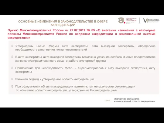 ОСНОВНЫЕ ИЗМЕНЕНИЯ В ЗАКОНОДАТЕЛЬСТВЕ В СФЕРЕ АККРЕДИТАЦИИ Утверждены новые формы