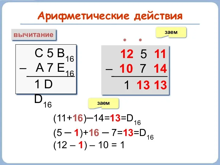 Арифметические действия вычитание С 5 B16 – A 7 E16