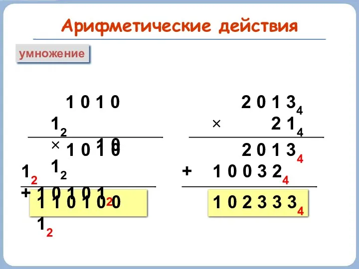 Арифметические действия умножение 1 0 1 0 12 × 1