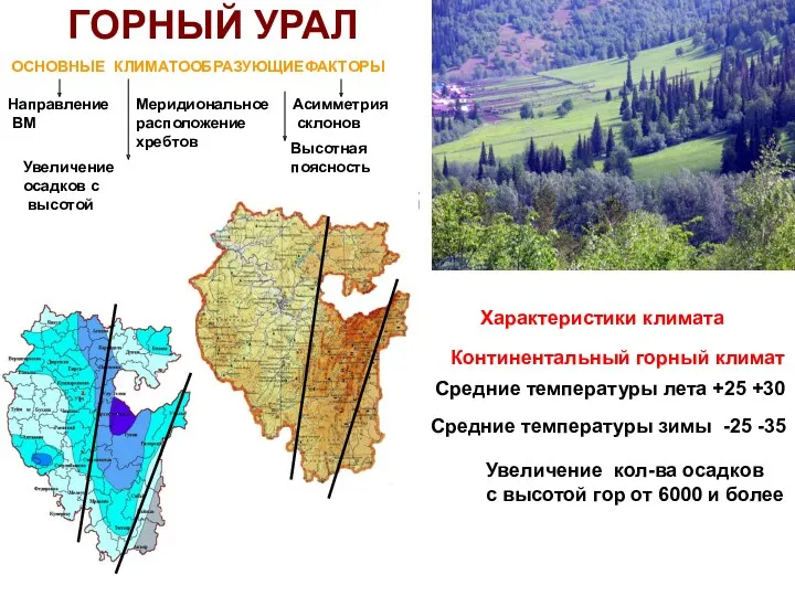 ГОРНЫЙ УРАЛ ОСНОВНЫЕ КЛИМАТООБРАЗУЮЩИЕФАКТОРЫ Направление ВМ Меридиональное расположение хребтов Асимметрия