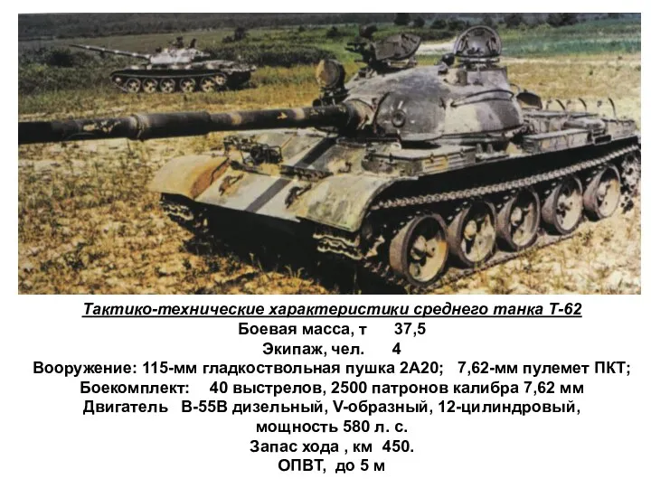 Тактико-технические характеристики среднего танка Т-62 Боевая масса, т 37,5 Экипаж,