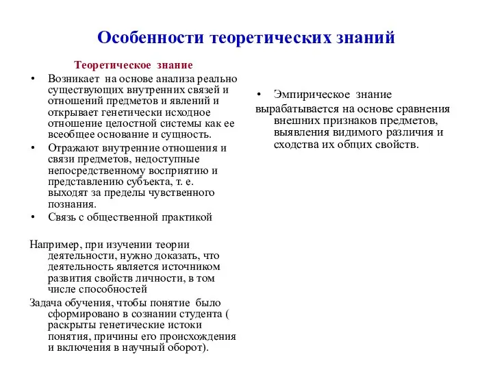 Особенности теоретических знаний Теоретическое знание Возникает на основе анализа реально