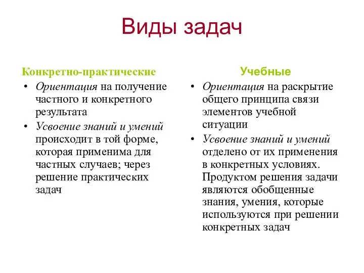 Виды задач Конкретно-практические Ориентация на получение частного и конкретного результата