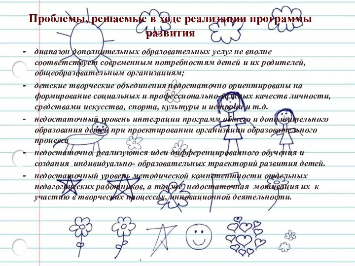 Проблемы, решаемые в ходе реализации программы развития диапазон дополнительных образовательных услуг не вполне