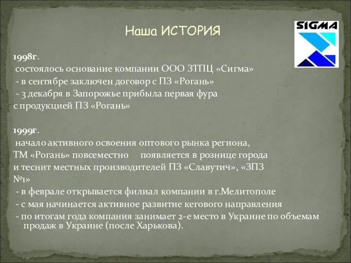 Наша ИСТОРИЯ 1998г. состоялось основание компании ООО ЗТПЦ «Сигма» -