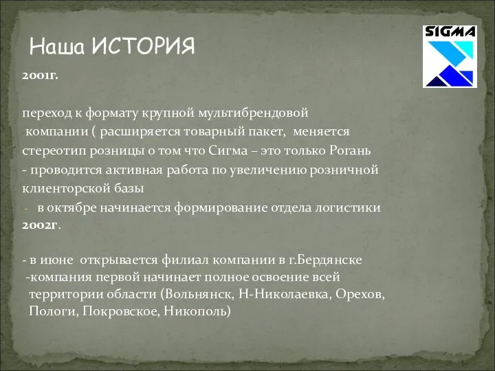 Наша ИСТОРИЯ 2001г. переход к формату крупной мультибрендовой компании (