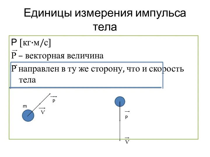 Единицы измерения импульса тела Р [кг·м/с] Р – векторная величина