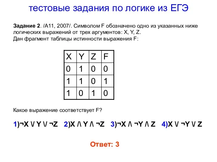 тестовые задания по логике из ЕГЭ Задание 2. /А11, 2007/.