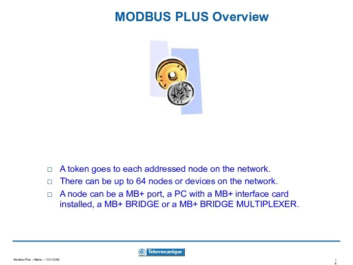 MODBUS PLUS Overview A token goes to each addressed node