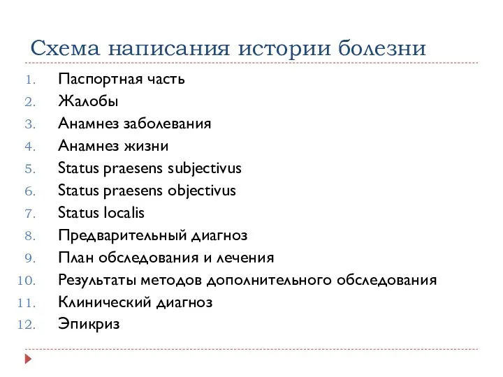 Схема написания истории болезни Паспортная часть Жалобы Анамнез заболевания Анамнез