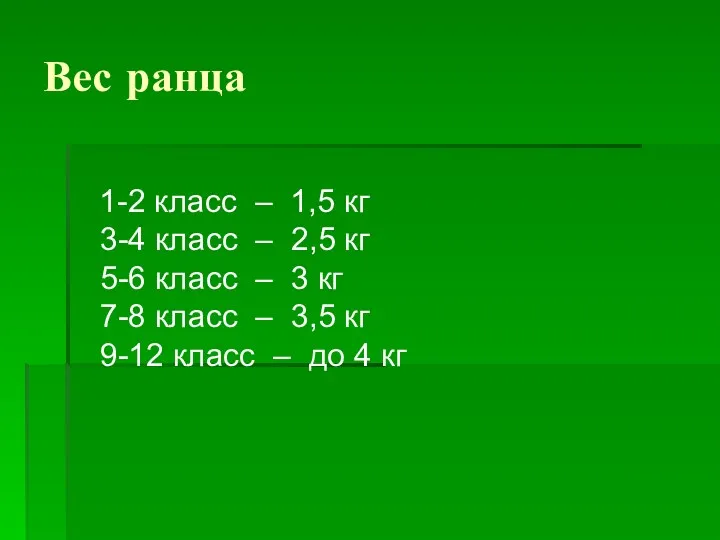 Вес ранца 1-2 класс – 1,5 кг 3-4 класс –