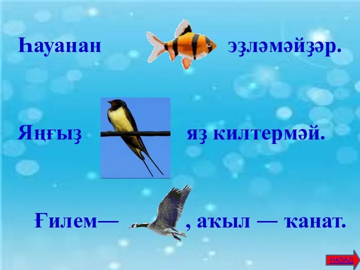 Һауанан … эҙләмәйҙәр. Яңғыҙ … яҙ килтермәй. Ғилем― … , аҡыл ― ҡанат. НАЗАД