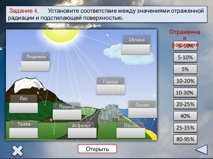 5-10% Задание 4. Установите соответствие между значениями отраженной радиации и