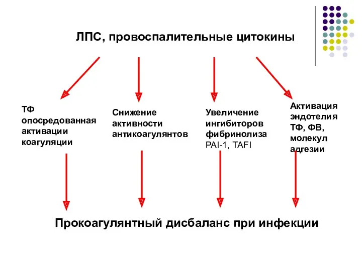 ЛПС, провоспалительные цитокины ТФ опосредованная активации коагуляции Снижение активности антикоагулянтов